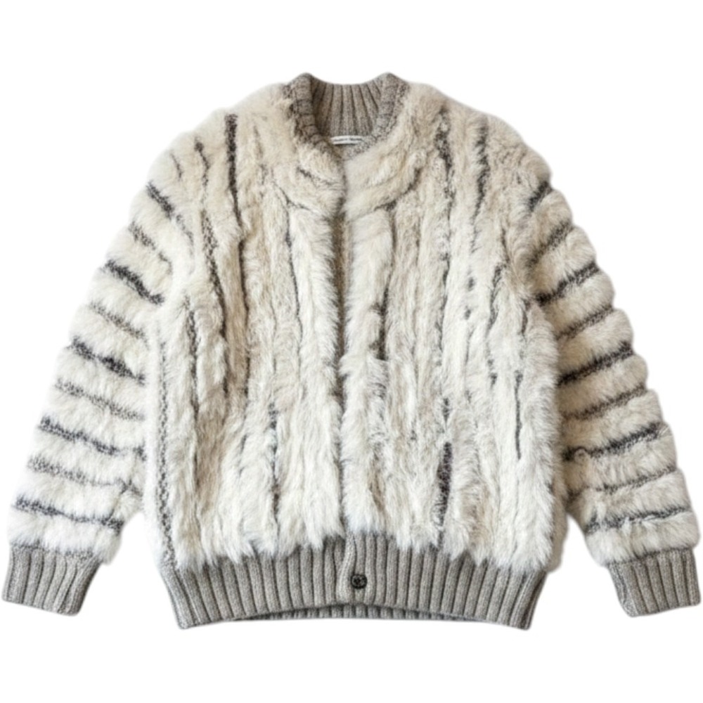 Diane von Furstenberg DVF Wool Rabbit Fur Striped Snap Front Jacket Grey White